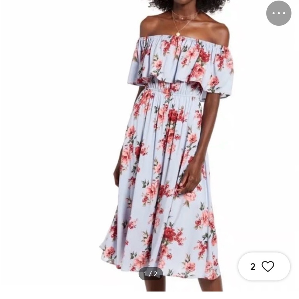 Nordstrom Off-Shoulder Floral Midi Dress in Light Blue with Red Blossoms